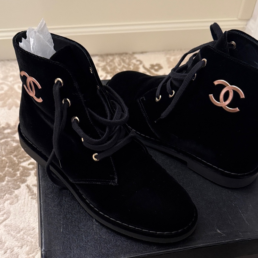 CHANEL Black Velvet Combat Boots with Gold Details